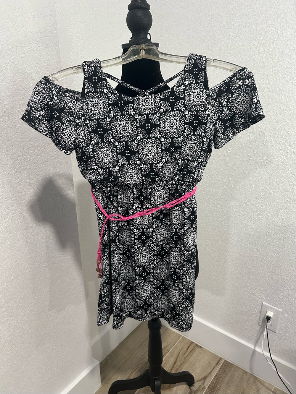 Three Hearts Black and White Cold-Shoulder Dress with Pink Belt